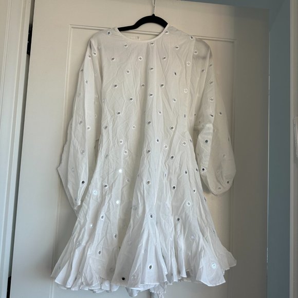 Rhode Ella Blouson Mini Dress Flared Mirror Disc Allover Braided Belt White XS - Picture 4 of 7
